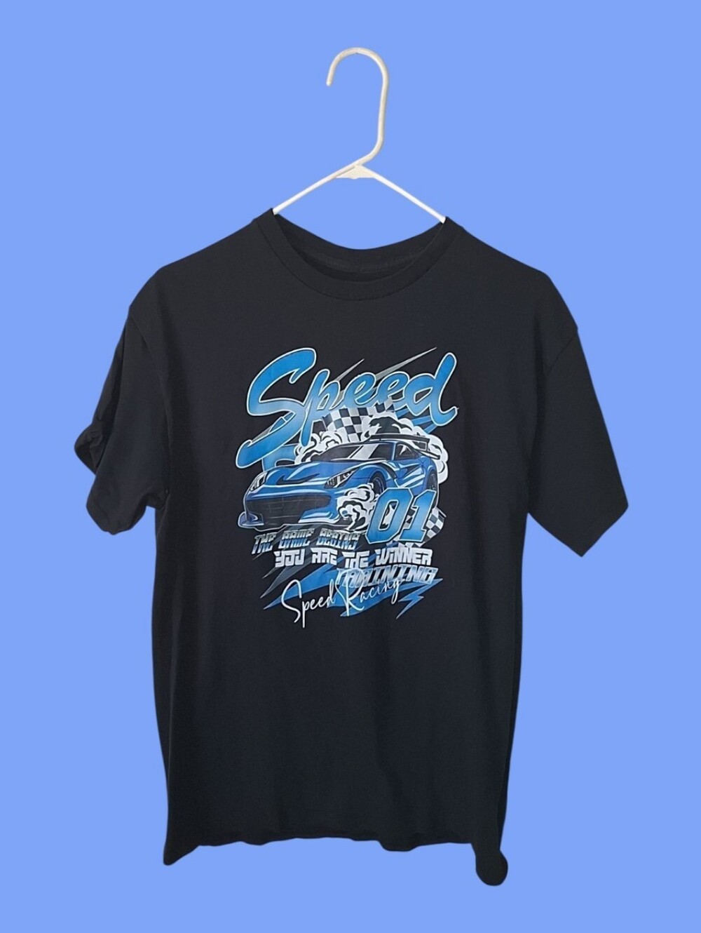 Men's Black 'Speed' Racing Graphic Tee with Blue Accents